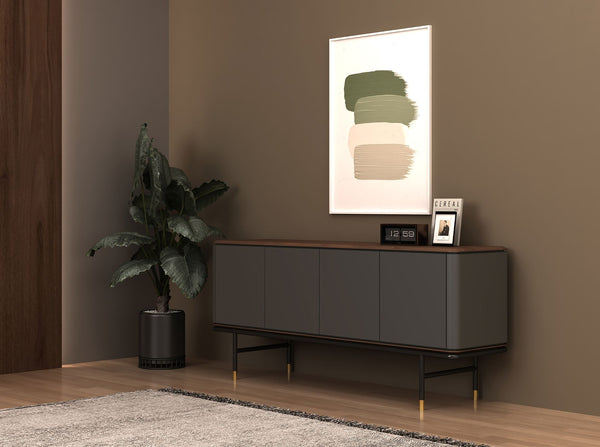 Sideboard in dark gray wood, black steel and walnut top