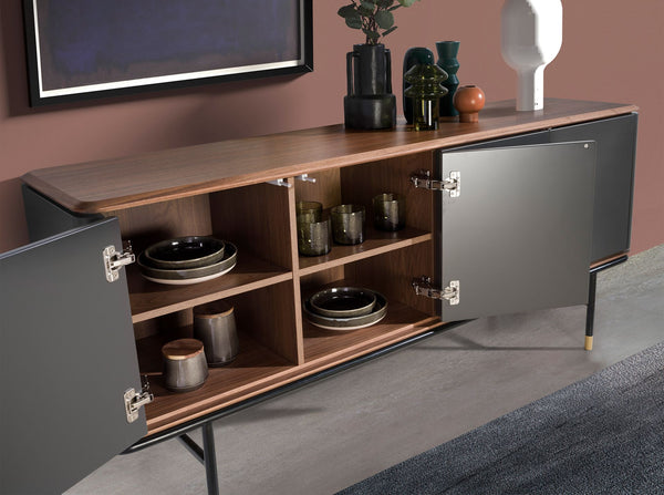 Sideboard in dark gray wood, black steel and walnut top