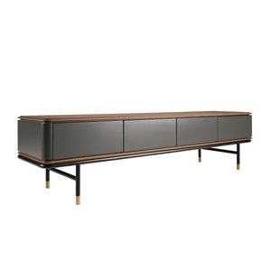 TV stand in dark grey matte wood, black steel and walnut top