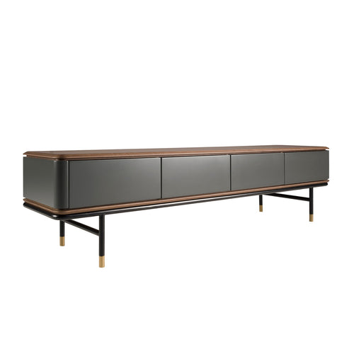 TV stand in dark grey matte wood, black steel and walnut top