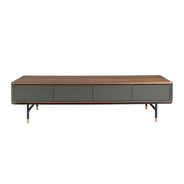 TV stand in dark grey matte wood, black steel and walnut top