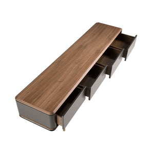 TV stand in dark grey matte wood, black steel and walnut top