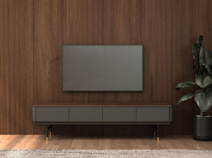 TV stand in dark grey matte wood, black steel and walnut top