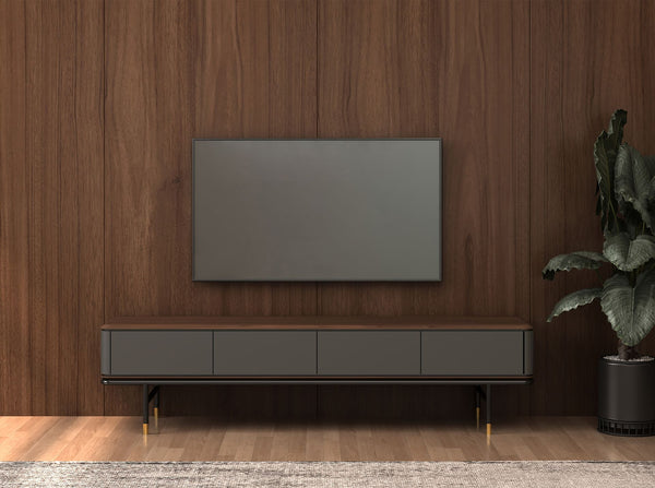 TV stand in dark grey matte wood, black steel and walnut top