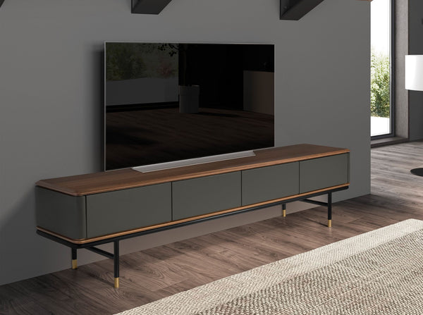 TV stand in dark grey matte wood, black steel and walnut top