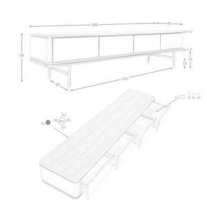 TV stand in dark grey matte wood, black steel and walnut top
