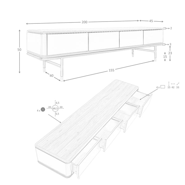 TV stand in dark grey matte wood, black steel and walnut top