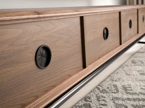 TV stand in dark grey matte wood, black steel and walnut top