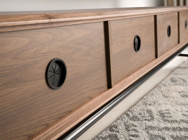 TV stand in dark grey matte wood, black steel and walnut top