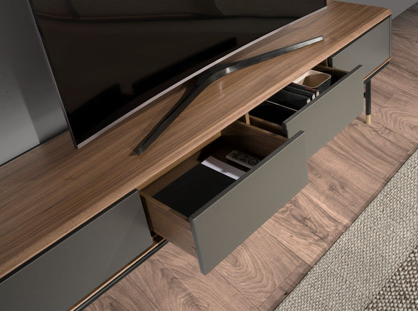 TV stand in dark grey matte wood, black steel and walnut top