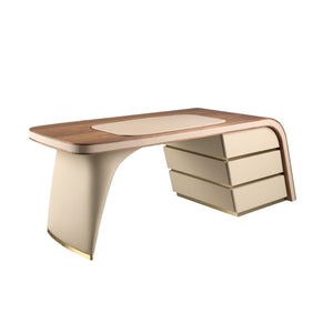 Walnut and wood desk upholstered in cream faux leather