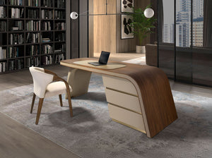 Walnut and wood desk upholstered in cream faux leather