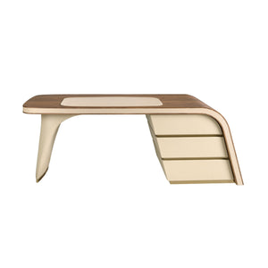 Walnut and wood desk upholstered in cream faux leather