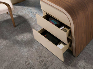 Walnut and wood desk upholstered in cream faux leather