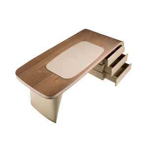 Walnut and wood desk upholstered in cream faux leather