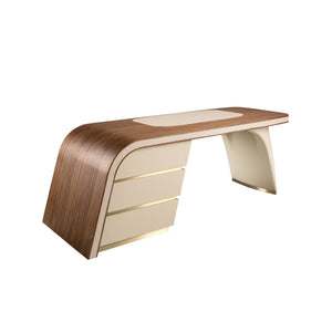 Walnut and wood desk upholstered in cream faux leather