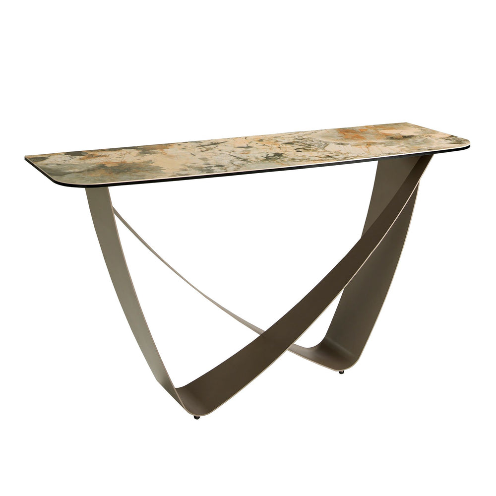 Rectangular console table in porcelain marble and taupe metallic steel
