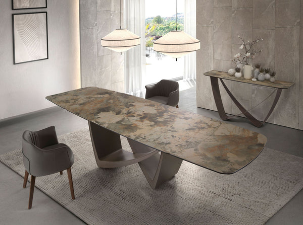 Rectangular console table in porcelain marble and taupe metallic steel