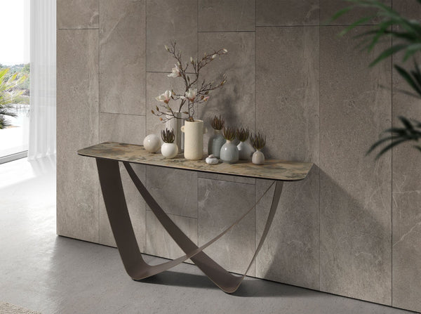 Rectangular console table in porcelain marble and taupe metallic steel