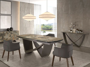 Rectangular console table in porcelain marble and taupe metallic steel