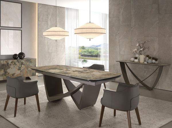 Rectangular console table in porcelain marble and taupe metallic steel