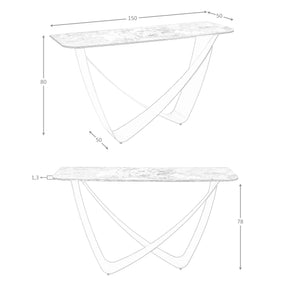 Rectangular console table in porcelain marble and taupe metallic steel