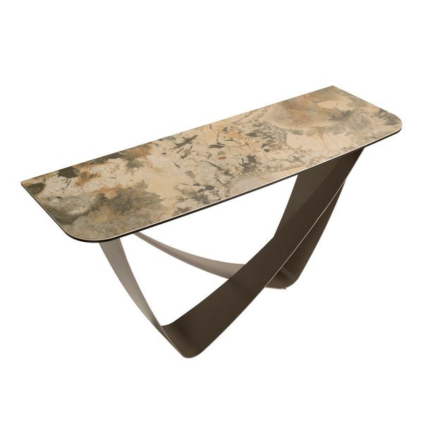 Rectangular console table in porcelain marble and taupe metallic steel