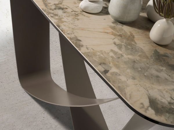 Rectangular console table in porcelain marble and taupe metallic steel