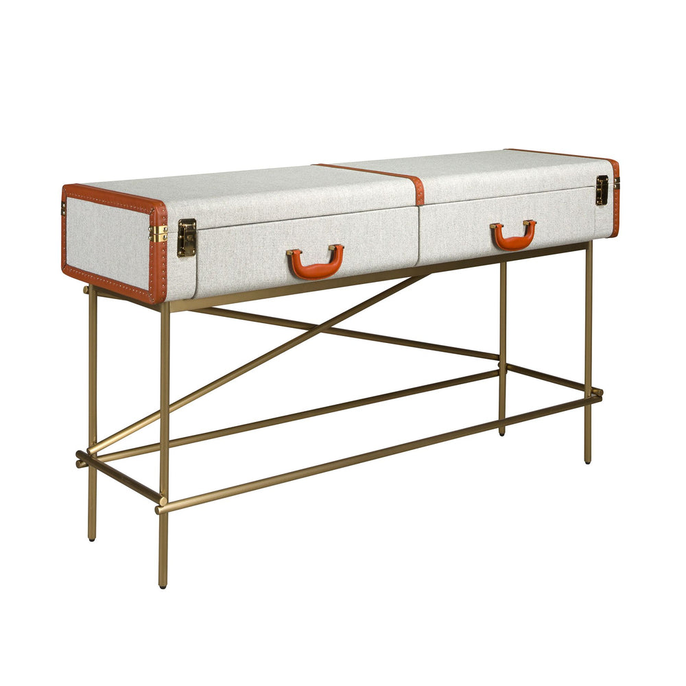 Rectangular console table, fabric, walnut and gold polished steel