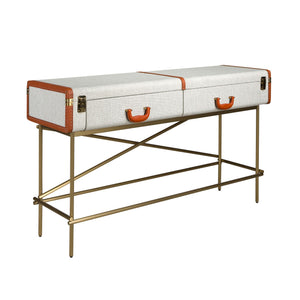 Rectangular console table, fabric, walnut and gold polished steel
