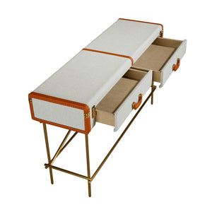 Rectangular console table, fabric, walnut and gold polished steel