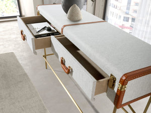 Rectangular console table, fabric, walnut and gold polished steel