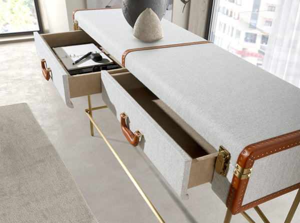 Rectangular console table, fabric, walnut and gold polished steel