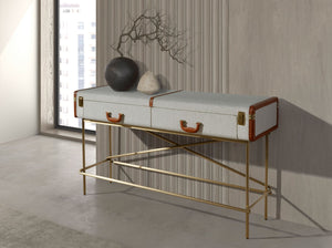 Rectangular console table, fabric, walnut and gold polished steel