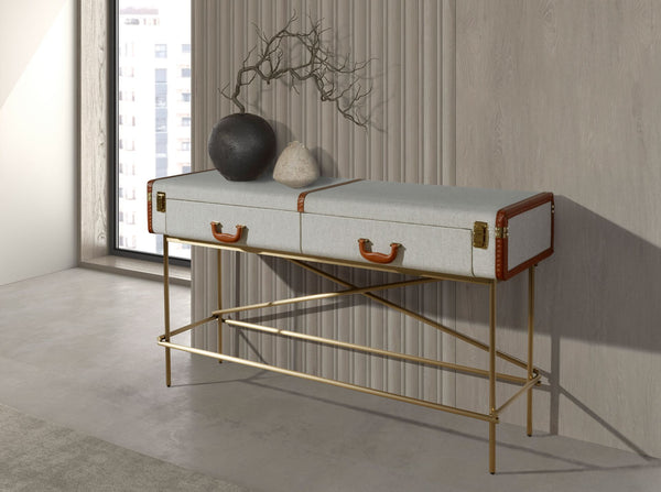 Rectangular console table, fabric, walnut and gold polished steel