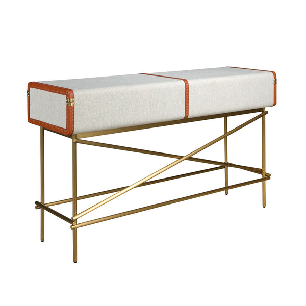 Rectangular console table, fabric, walnut and gold polished steel