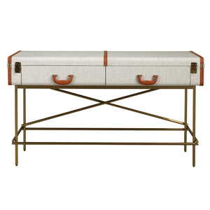 Rectangular console table, fabric, walnut and gold polished steel