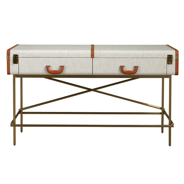 Rectangular console table, fabric, walnut and gold polished steel