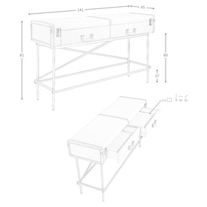 Rectangular console table, fabric, walnut and gold polished steel