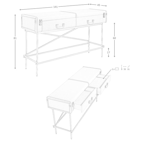 Rectangular console table, fabric, walnut and gold polished steel