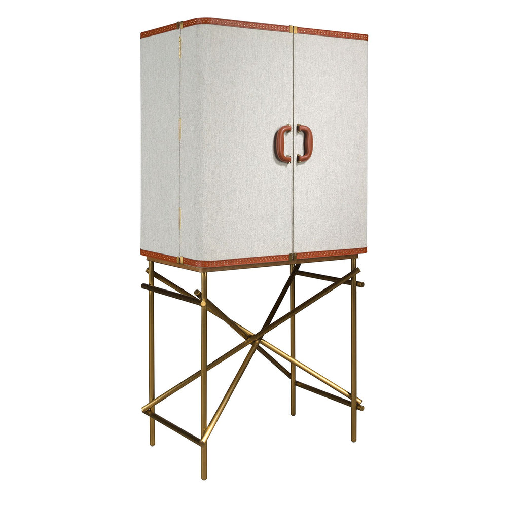 Tall sideboard, fabric, walnut and polished gold steel