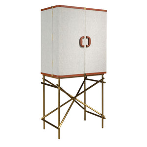 Tall sideboard, fabric, walnut and polished gold steel