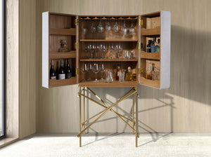 Tall sideboard, fabric, walnut and polished gold steel
