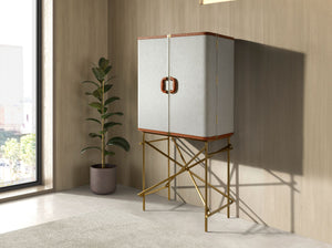 Tall sideboard, fabric, walnut and polished gold steel