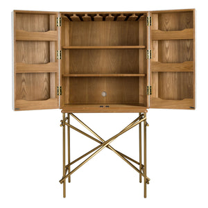 Tall sideboard, fabric, walnut and polished gold steel