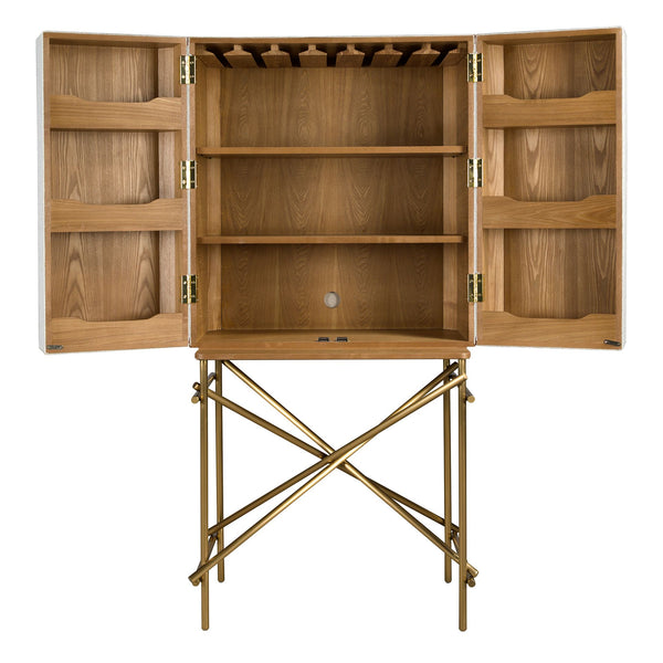 Tall sideboard, fabric, walnut and polished gold steel