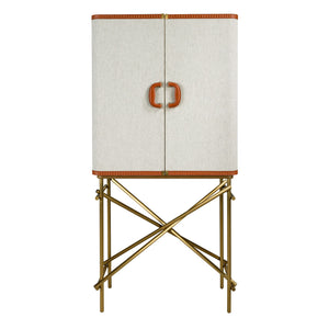 Tall sideboard, fabric, walnut and polished gold steel