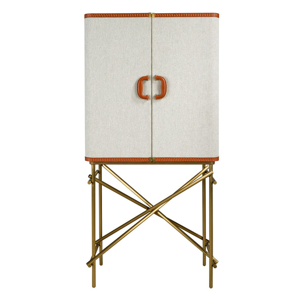 Tall sideboard, fabric, walnut and polished gold steel