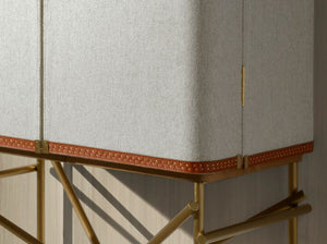 Tall sideboard, fabric, walnut and polished gold steel