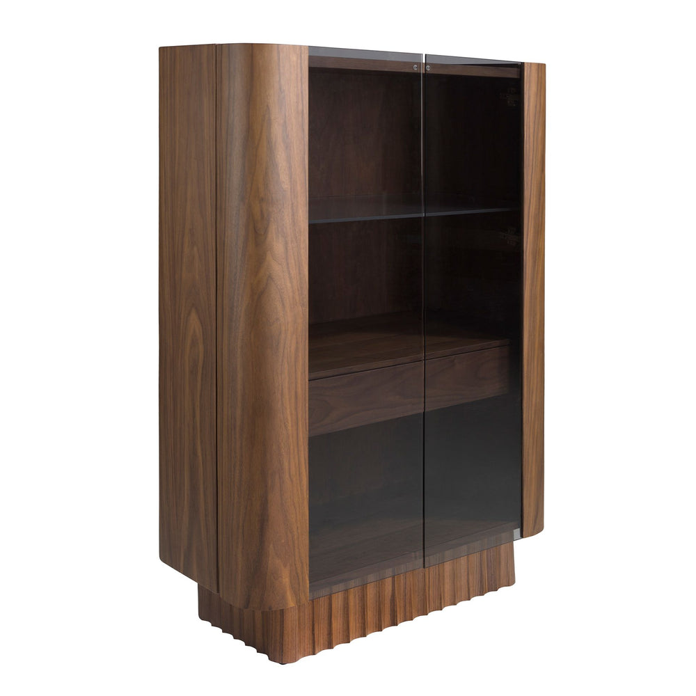 Tall sideboard, tempered glass, walnut with interior lighting